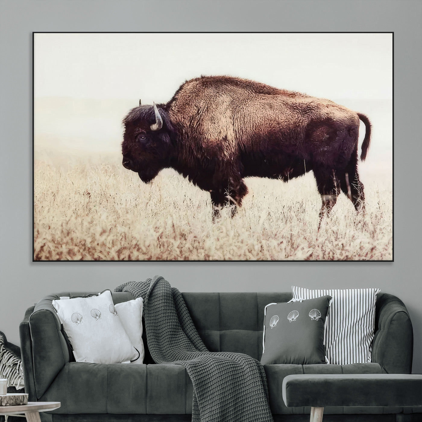 48406-MGV-CV-36X24-American Bison Wall Art – Rustic Buffalo Canvas Print in Prairie Field, Western Wildlife Photography Decor for Cabin, Lodge,