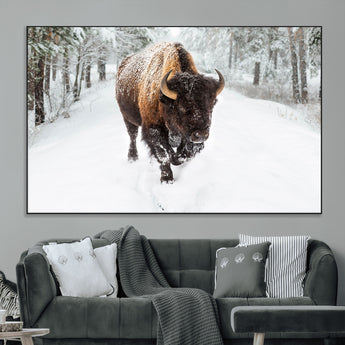 10109-MGV-CV-36X24-Majestic Bison Winter Wall Art – Snowy Forest Buffalo Canvas Print, Rustic Wildlife Photography Decor for Cabin, Lodge, Living