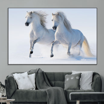 80145-MGV-CV-36X24-White Horses Running Snow Wall Art – Majestic Equine Canvas Print, Winter Nature Photography Decor for Living Room, Office,