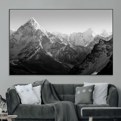 10775-MGV-CV-36X24-Snow Capped Mountain Wall Art – Black and White Canvas Print of Majestic Peaks, Nature Landscape Photography for Office, Bedroom,