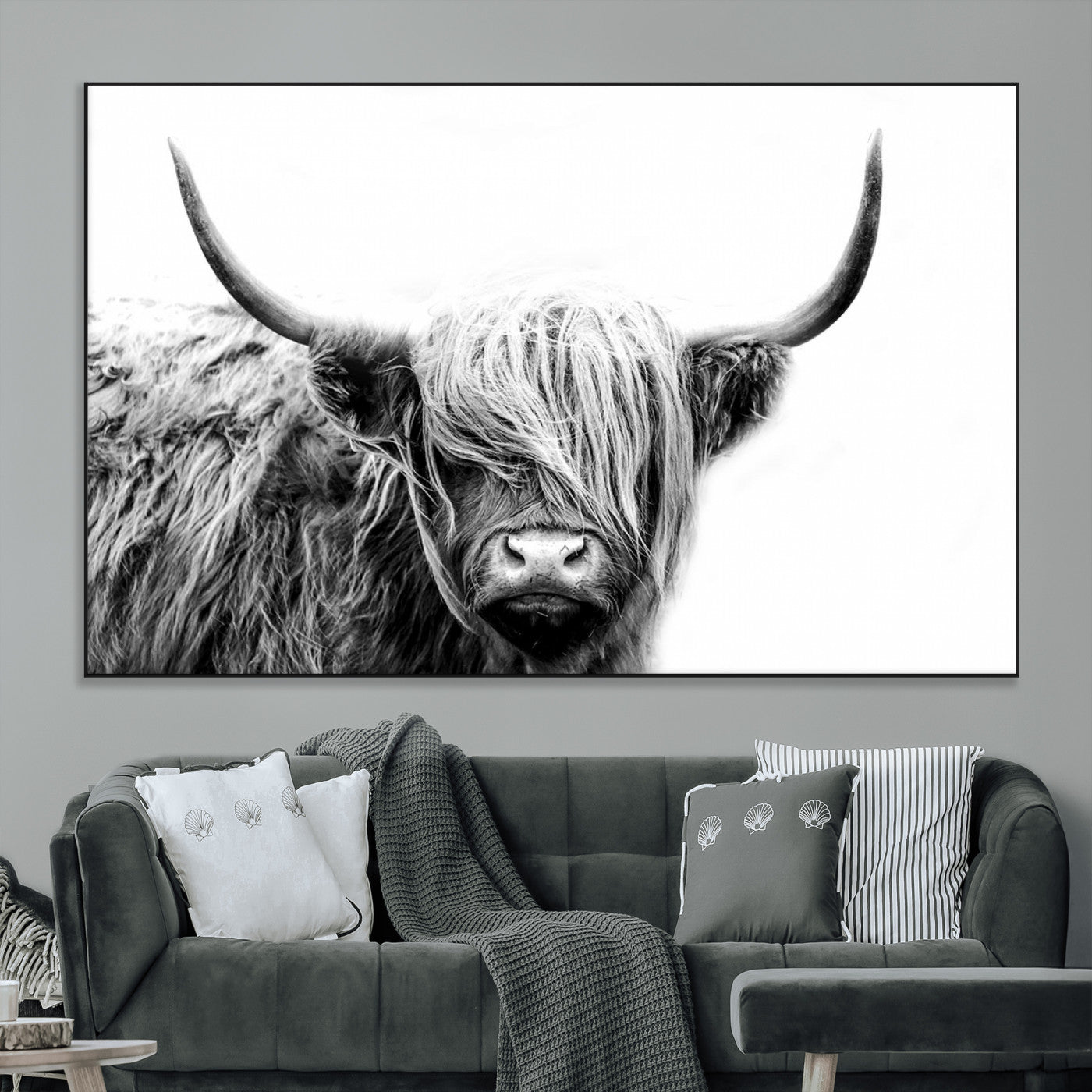51957-MGV-CV-36X24-Highland Cow Wall Art – Black and White Scottish Highland Bull Canvas Print, Rustic Farmhouse Animal Decor for Living Room,