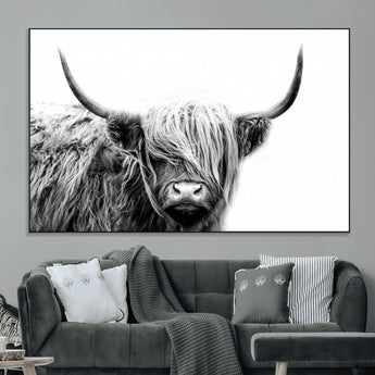 51957-MGV-CV-36X24-Highland Cow Wall Art – Black and White Scottish Highland Bull Canvas Print, Rustic Farmhouse Animal Decor for Living Room,
