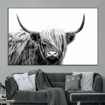 51957-MGV-CV-36X24-Highland Cow Wall Art – Black and White Scottish Highland Bull Canvas Print, Rustic Farmhouse Animal Decor for Living Room,