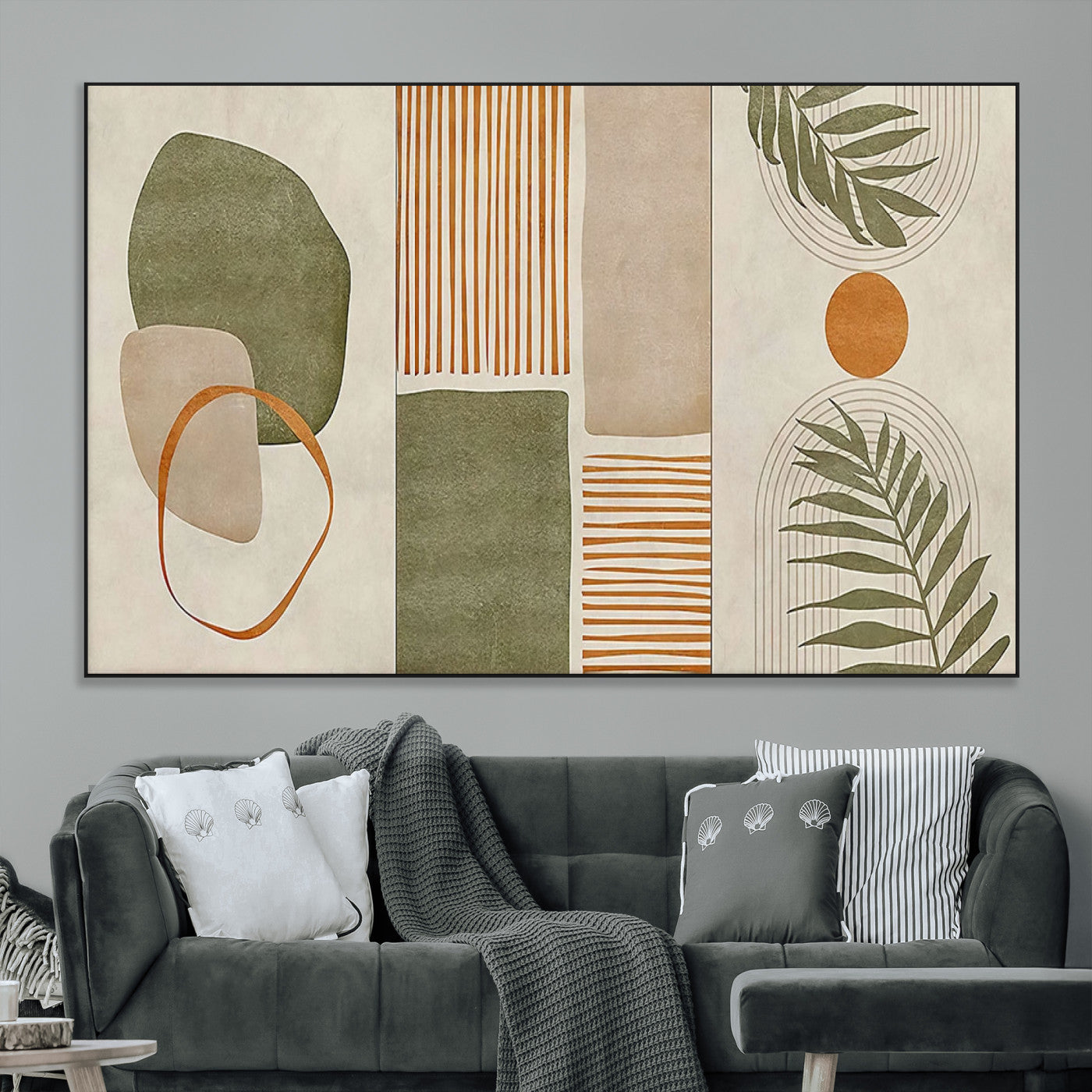 96002-MGV-CV-36X24-Abstract Geometric Wall Art – Modern Canvas Print with Green, Orange & Beige Shapes, Minimalist Home Decor for Living Room, Office