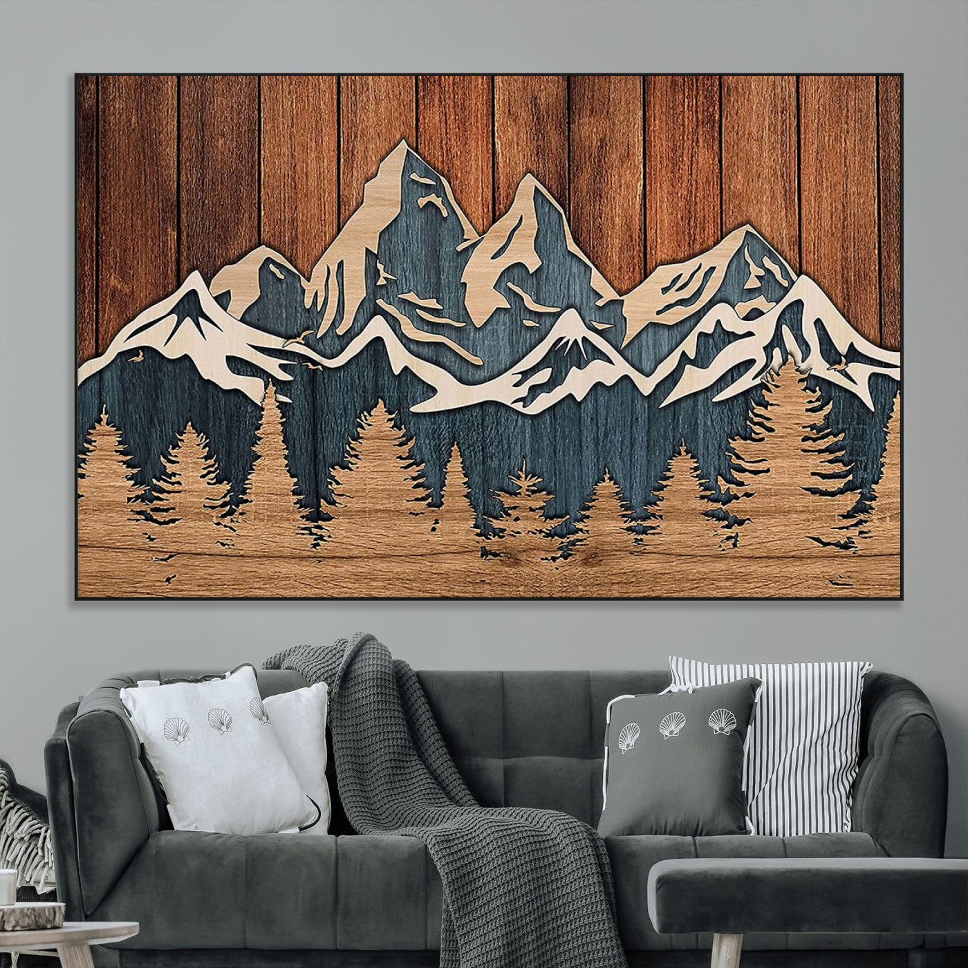 41330-MGV-CV-36X24-Rustic Mountain Wall Art – Wooden Nature Scene with Trees and Peaks, Handmade 3D Layered Decor for Living Room, Cabin or Office
