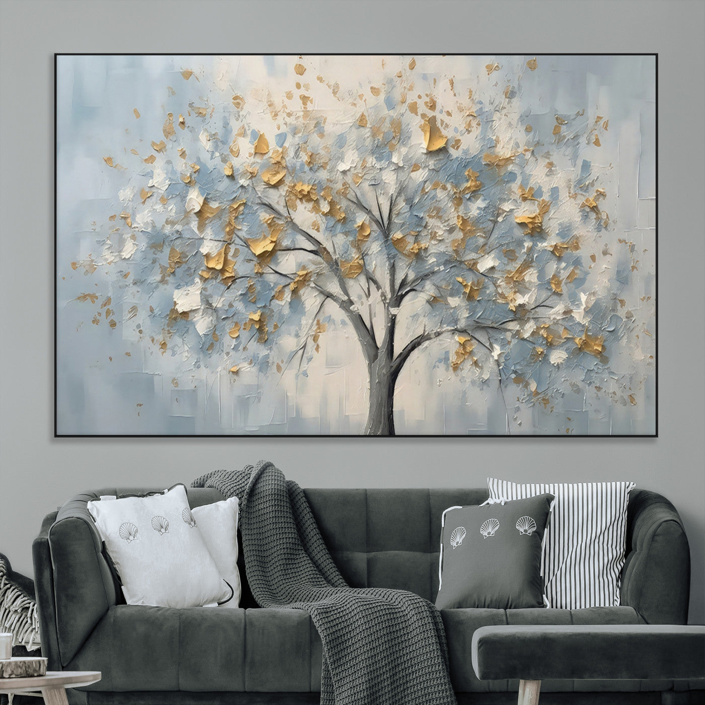 65811-MGV-CV-36X24-Abstract Tree Wall Art – Textured Canvas Painting with Gold and White Leaves, Modern Nature Inspired Decor for Living Room or