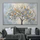 65811-MGV-CV-36X24-Abstract Tree Wall Art – Textured Canvas Painting with Gold and White Leaves, Modern Nature Inspired Decor for Living Room or