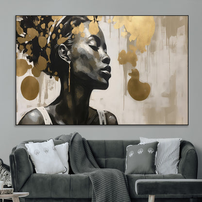65669-MGV-CV-36X24-Elegant Black Woman Wall Art – Modern Abstract Portrait Canvas with Gold Accents, Contemporary Afrocentric Decor for Living Room