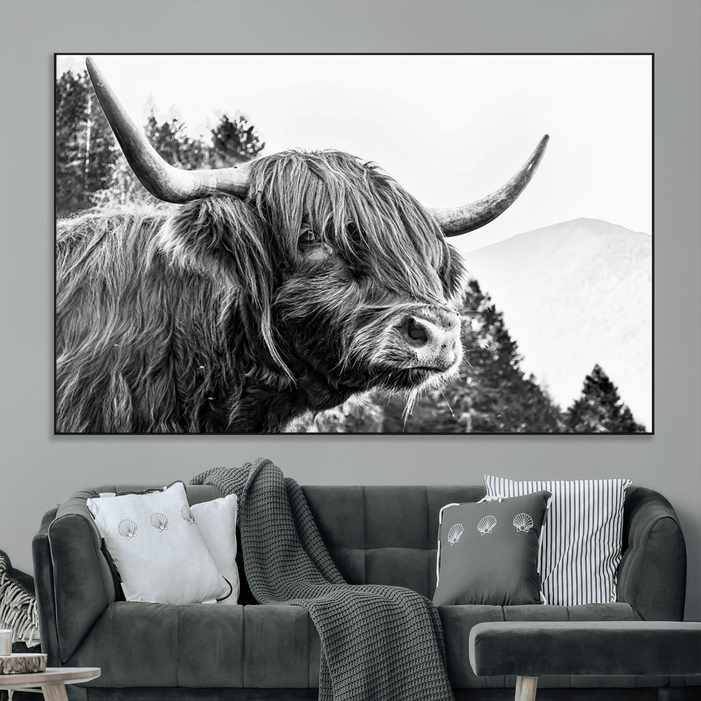 61570-MGV-CV-36X24-Highland Cow Wall Art – Black and White Scottish Bull Canvas Print, Rustic Farmhouse Animal Decor for Living Room, Bedroom, or