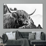 61570-MGV-CV-36X24-Highland Cow Wall Art – Black and White Scottish Bull Canvas Print, Rustic Farmhouse Animal Decor for Living Room, Bedroom, or