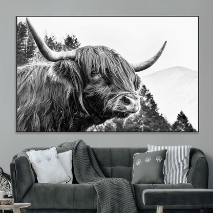 61570-MGV-CV-36X24-Highland Cow Wall Art – Black and White Scottish Bull Canvas Print, Rustic Farmhouse Animal Decor for Living Room, Bedroom, or