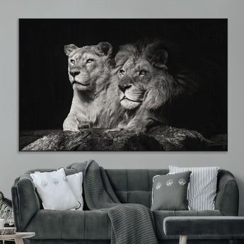 80013-MGV-CV-36X24-Lion and Lioness Wall Art – Black and White Wildlife Photography Canvas Print, African Safari Animal Decor for Office, Bedroom