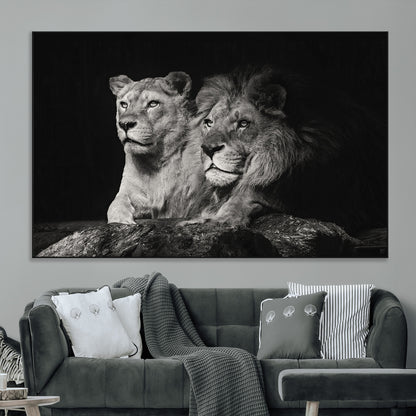 80013-MGV-CV-36X24-Lion and Lioness Wall Art – Black and White Wildlife Photography Canvas Print, African Safari Animal Decor for Office, Bedroom
