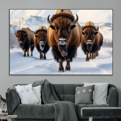56701-MGV-CV-36X24-Bison Herd Wall Art – Buffalo Walking in Snowy Mountains Canvas Print, Rustic Wildlife Decor for Cabin, Lodge, or Living Room