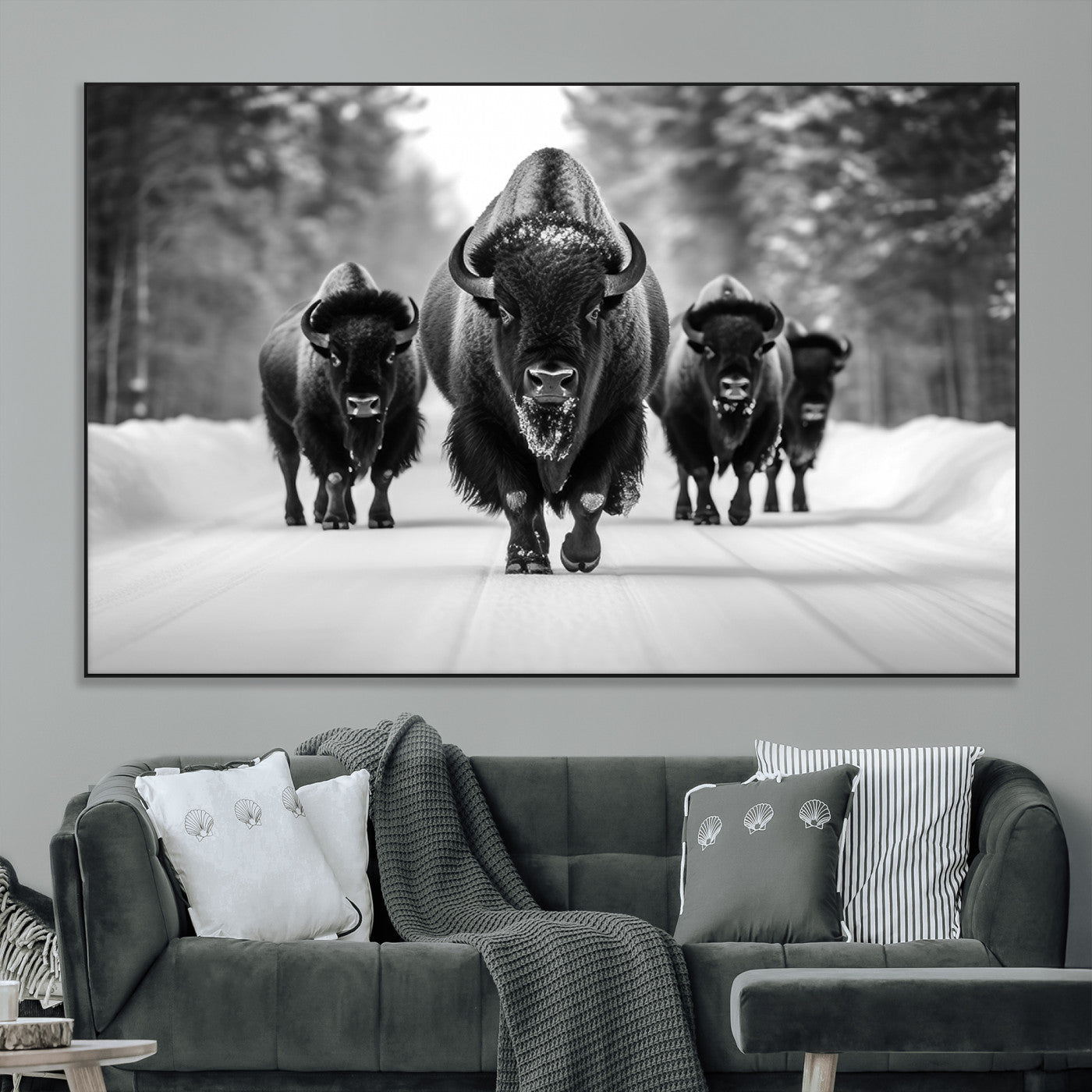 45287-MGV-CV-36X24-Bison Herd Wall Art – Black and White Buffalo Snow Road Canvas Print, Rustic Wildlife Decor for Cabin, Lodge or Living Room