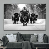 45287-MGV-CV-36X24-Bison Herd Wall Art – Black and White Buffalo Snow Road Canvas Print, Rustic Wildlife Decor for Cabin, Lodge or Living Room