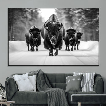 45287-MGV-CV-36X24-Bison Herd Wall Art – Black and White Buffalo Snow Road Canvas Print, Rustic Wildlife Decor for Cabin, Lodge or Living Room