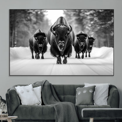 45287-MGV-CV-36X24-Bison Herd Wall Art – Black and White Buffalo Snow Road Canvas Print, Rustic Wildlife Decor for Cabin, Lodge or Living Room