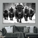 79872-MGV-CV-36X24-Bison Herd Wall Art – Black and White Buffalo on Snow Canvas Print, Rustic Wildlife Decor for Lodge, Cabin, or Living Room