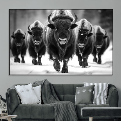 79872-MGV-CV-36X24-Bison Herd Wall Art – Black and White Buffalo on Snow Canvas Print, Rustic Wildlife Decor for Lodge, Cabin, or Living Room
