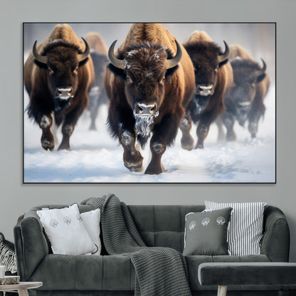 80512-MGV-CV-36X24-Bison Herd Wall Art – Buffalo Running in Snow Canvas Print, Rustic Wildlife Photography Decor for Cabin, Lodge, or Living Room