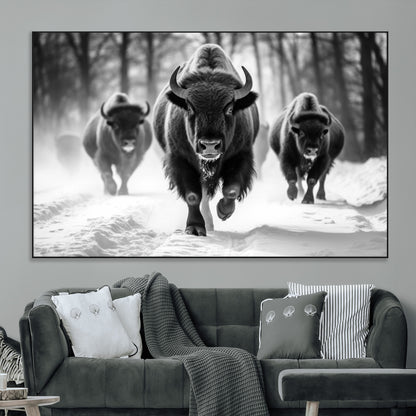 97552-MGV-CV-36X24-Black and White Bison Wall Art – Buffalo Herd Running in Snow Canvas Print, Rustic Wildlife Photography Decor for Cabin, Lodge, or