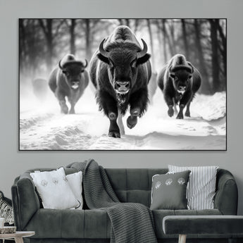 97552-MGV-CV-36X24-Black and White Bison Wall Art – Buffalo Herd Running in Snow Canvas Print, Rustic Wildlife Photography Decor for Cabin, Lodge, or