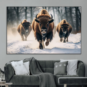56549-MGV-CV-36X24-Wild Bison Wall Art – Majestic Buffalo Herd Running in Snow Canvas Print, Rustic Wildlife Photography Decor for Cabin, Lodge, or