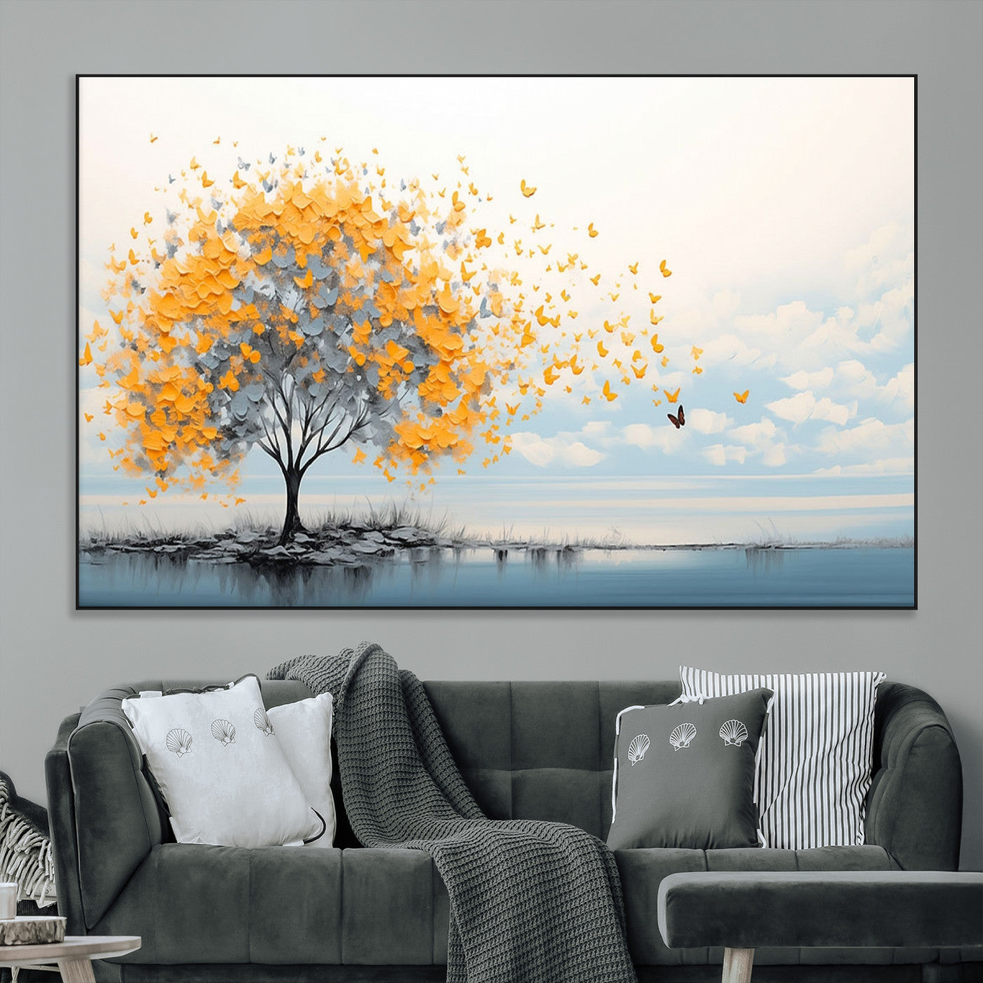 23385-MGV-CV-36X24-Golden Butterfly Tree Wall Art – Abstract Yellow and Gray Canvas Print, Modern Nature Artwork for Living Room, Bedroom or Office