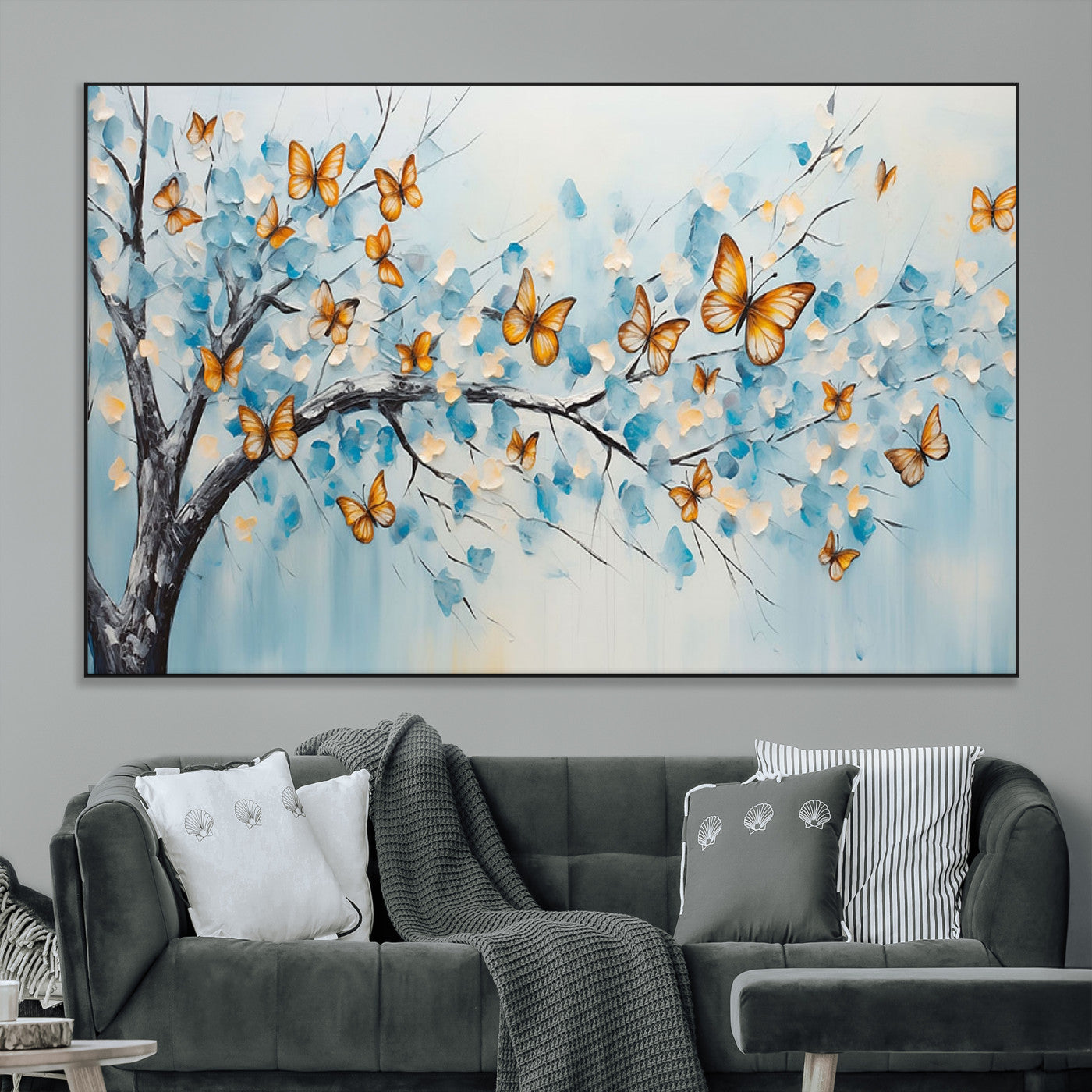 59455-SEG-FC-51X34_Oversize_Oversize-Butterfly Tree Branch Wall Art – Blue and Yellow Abstract Canvas Print, Modern Nature Artwork for Living Room, Bedroom or Office