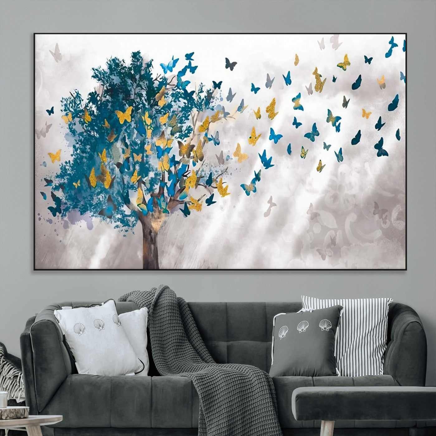 37564-MGV-CV-36X24-Butterfly Tree Wall Art – Modern Nature Canvas Print with Blue and Golden Butterflies, Elegant Decorative Painting for Living Room