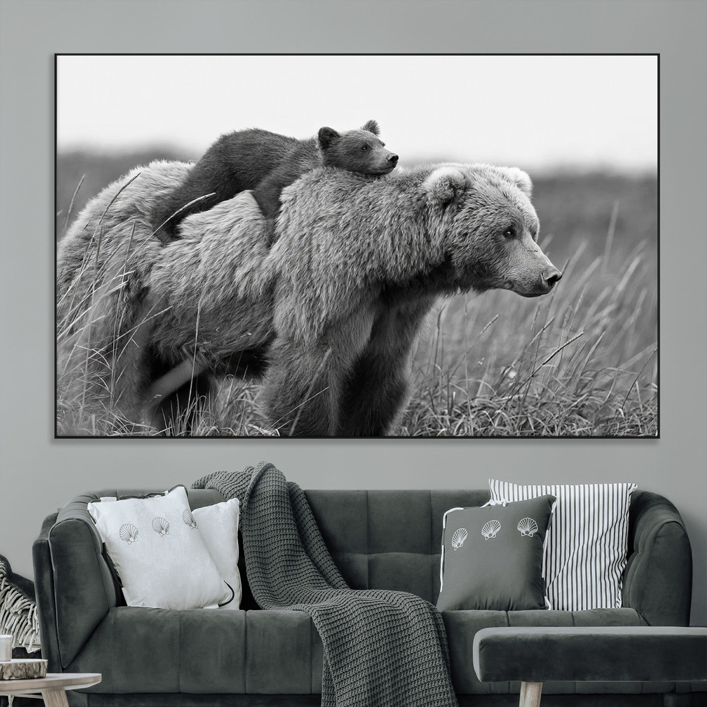 76338-MGV-CV-36X24-Mother Bear and Cub Wall Art – Black and White Wildlife Canvas Print, Rustic Nature Photography for Cabin, Living Room or Office