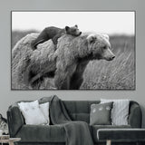 76338-MGV-CV-36X24-Mother Bear and Cub Wall Art – Black and White Wildlife Canvas Print, Rustic Nature Photography for Cabin, Living Room or Office