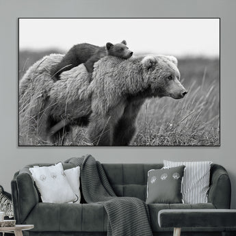 76338-MGV-CV-36X24-Mother Bear and Cub Wall Art – Black and White Wildlife Canvas Print, Rustic Nature Photography for Cabin, Living Room or Office