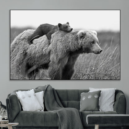 76338-MGV-CV-36X24-Mother Bear and Cub Wall Art – Black and White Wildlife Canvas Print, Rustic Nature Photography for Cabin, Living Room or Office
