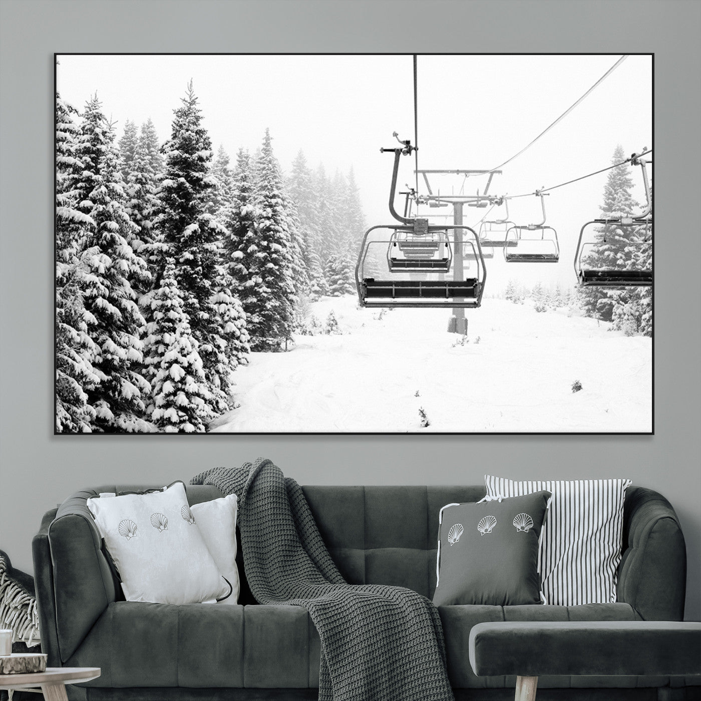 70609-MGV-CV-36X24-Snowy Ski Lift Wall Art – Black and White Winter Mountain Landscape Canvas Print, Rustic Lodge Decor for Cabin, Living Room or