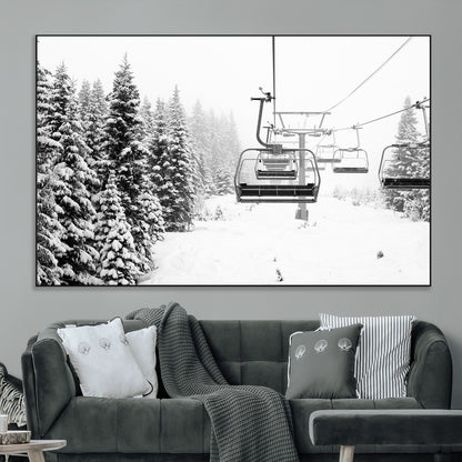 70609-MGV-CV-36X24-Snowy Ski Lift Wall Art – Black and White Winter Mountain Landscape Canvas Print, Rustic Lodge Decor for Cabin, Living Room or