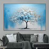 25021-MGV-CV-36X24-Abstract Tree Wall Art – Blue and White Canvas Painting with Gold Accents, Modern Nature-Inspired Artwork for Living Room, Bedroom
