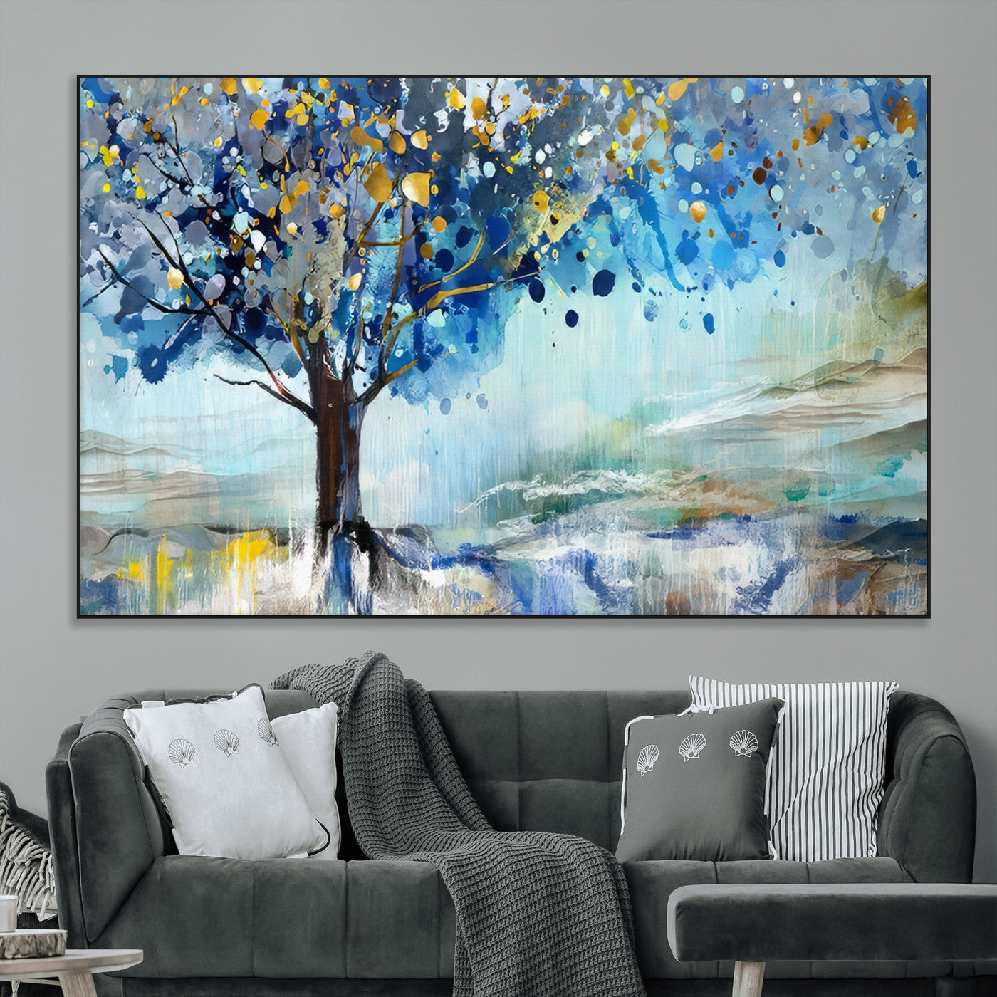 17018-MGV-CV-36X24-Abstract Blue Tree Wall Art – Colorful Canvas Painting with Gold and Silver Accents, Modern Nature Artwork for Living Room,
