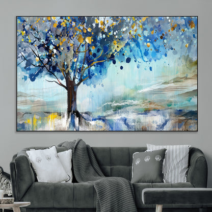 17018-MGV-CV-36X24-Abstract Blue Tree Wall Art – Colorful Canvas Painting with Gold and Silver Accents, Modern Nature Artwork for Living Room,