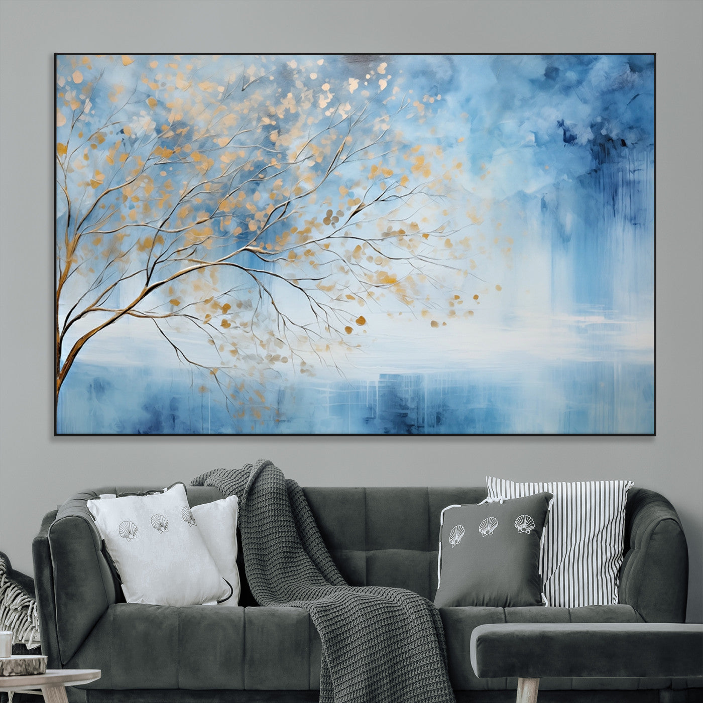 23891-MGV-CV-36X24-Abstract Tree Wall Art – Minimalist Blue and Gold Canvas Painting, Elegant Nature-Inspired Artwork for Living Room, Bedroom or