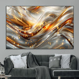 Lines1-MGV-CV-36X24-Abstract Metallic Wall Art – Silver and Gold Wave Canvas Print with Sparkling Accents, Modern Luxury Decor for Living Room, Office