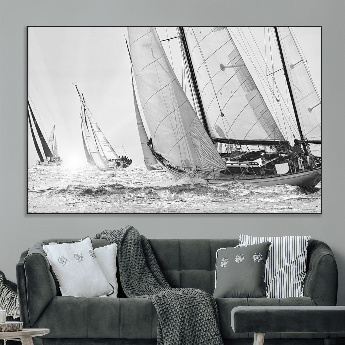 Boat-1-MGV-CV-36X24-Sailboat Racing Wall Art – Nautical Black and White Canvas Print, Ocean Adventure Decor for Office, Living Room or Bedroom