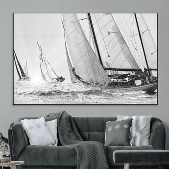 Boat-1-MGV-CV-36X24-Sailboat Racing Wall Art – Nautical Black and White Canvas Print, Ocean Adventure Decor for Office, Living Room or Bedroom