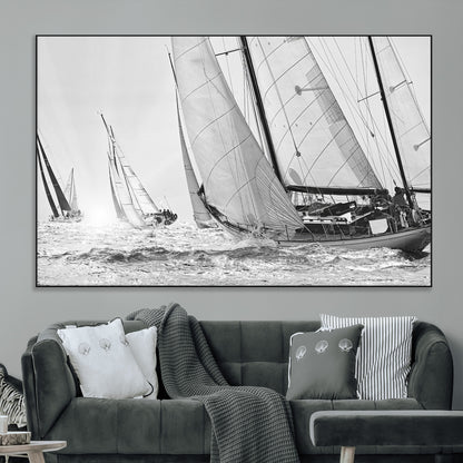 Boat-1-MGV-CV-36X24-Sailboat Racing Wall Art – Nautical Black and White Canvas Print, Ocean Adventure Decor for Office, Living Room or Bedroom