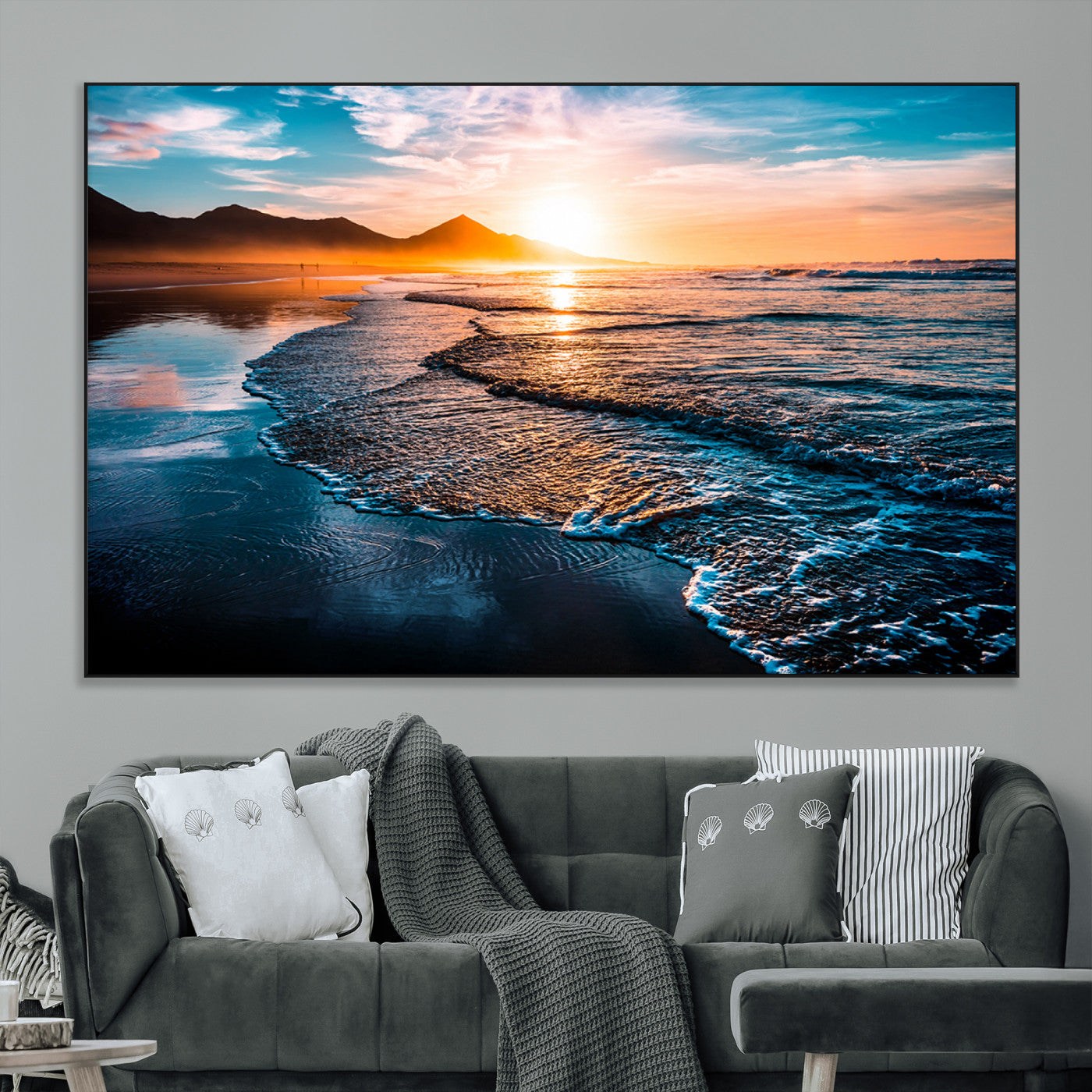 26494-SEG-FC-51X34_Oversize_Oversize-Ocean Sunset Wall Art – Scenic Beach Canvas Print with Waves and Mountains, Coastal Seascape Photography for Living Room, Bedroom