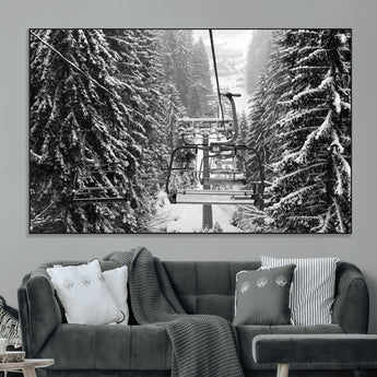 19240-MGV-CV-36X24-Ski Lift Wall Art – Black and White Winter Mountain Canvas Print, Snowy Forest Ski Resort Photography for Cabin, Lodge, Office or