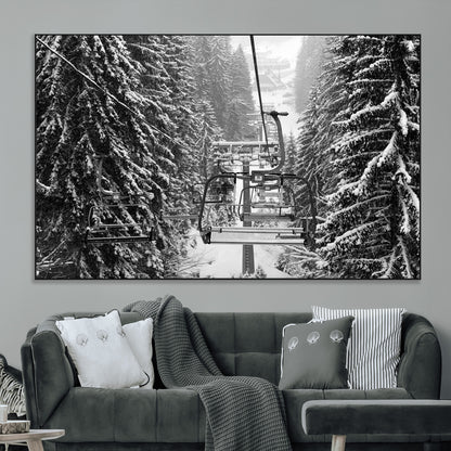 19240-MGV-CV-36X24-Ski Lift Wall Art – Black and White Winter Mountain Canvas Print, Snowy Forest Ski Resort Photography for Cabin, Lodge, Office or