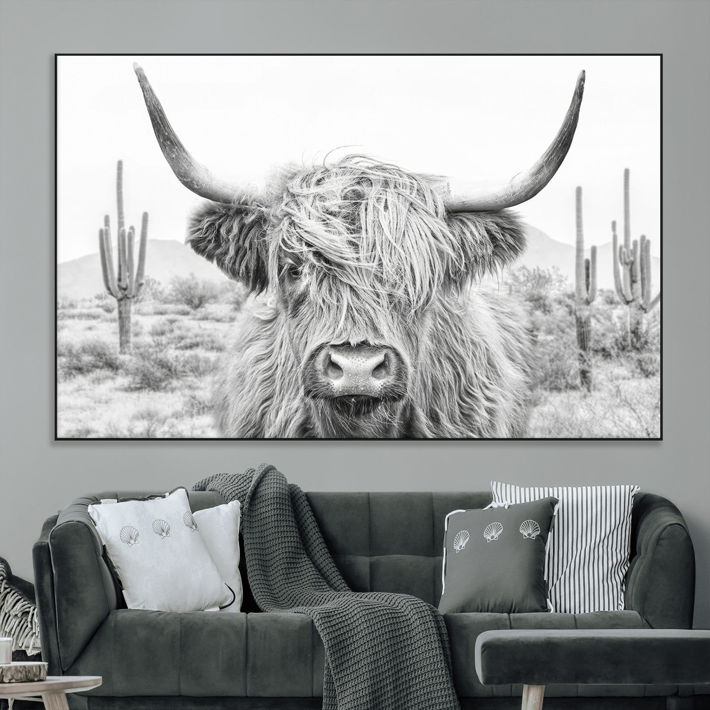 94579-MGV-CV-36X24-Highland Cow Wall Art – Black and White Longhorn Canvas Print, Rustic Western Farmhouse Animal Photography for Living Room,