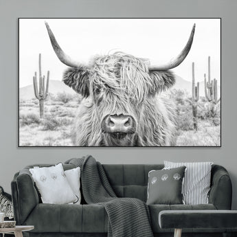 94579-MGV-CV-36X24-Highland Cow Wall Art – Black and White Longhorn Canvas Print, Rustic Western Farmhouse Animal Photography for Living Room,